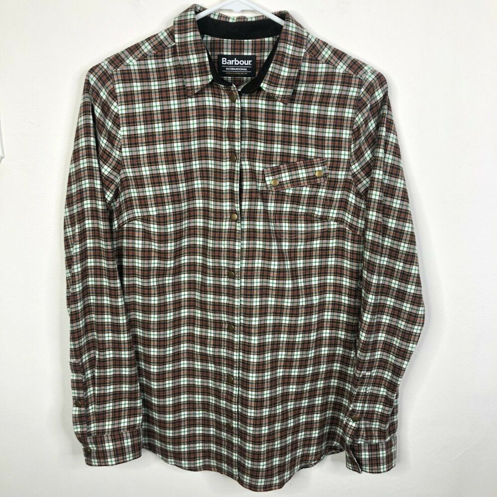 NEW Barbour International Plaid Slim Fit Snap Button Front Shirt Women's Sz US 6